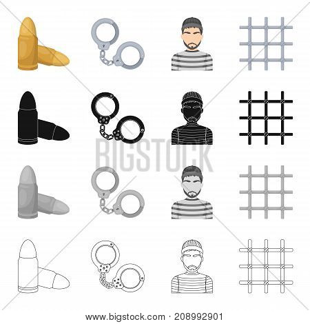 The prison lattice, handcuffs, the appearance of the criminal, cartridges. Prison set collection icons in cartoon black monochrome outline style vector symbol stock isometric illustration .