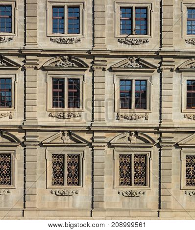 Zurich, Switzerland - 15 October, 2015: windows of the Zurich Rathaus building. Rathaus is Zurich's Town Hall, it houses the cantonal parliament (German: Kantonsrat) and the city parliament (German: Gemeinderat). The building was built from 1694-1698