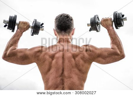 Never Stop. Fitness And Sport Equipment. Athletic Body. Dumbbell Gym. Man Sportsman Weightlifting. S