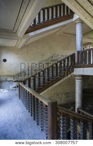 Tskaltubo, Georgia - April 27, 2019: Detail Of The Abandoned Soviet Sanatorium Meshakhte In Tskaltub