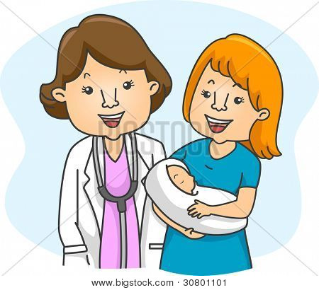 Ilustración de un médico y una madre primeriza
