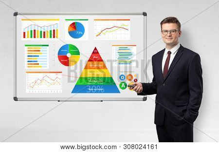 Handsome businessman presenting health reports on white board with laser pointer 