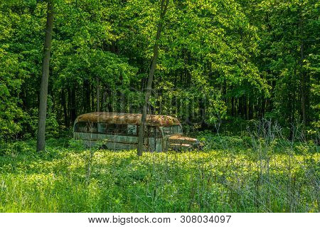 Old Vintage School Bus Abandoned Left To Rot In A Field