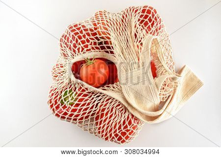 Grocery Canvas Tote String Shopping Bag With Food. Vegetables In Natural Bag, Eco Friendly, Flat Lay