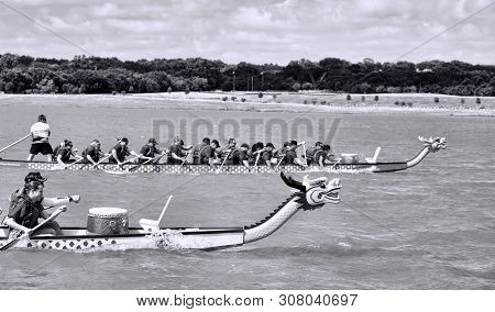 Arlington,texas - June 15,2019 - Dragon Boat Race At Lake Viridian. Showing Two Of The Dragon Boats 