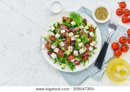 Greek Salad With Feta Cheese, Olives, Cherry Tomato, Cucumber, Lettuce And Onion, Vegeterian Mediter