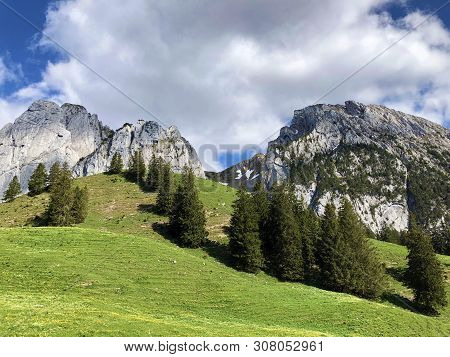 Bockmattlistock And Schiberg Mountains Above The Valley Wagital Or Waegital And Alpine Lake Wagitale