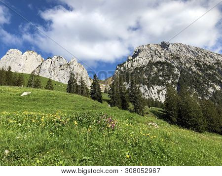 Bockmattlistock And Schiberg Mountains Above The Valley Wagital Or Waegital And Alpine Lake Wagitale