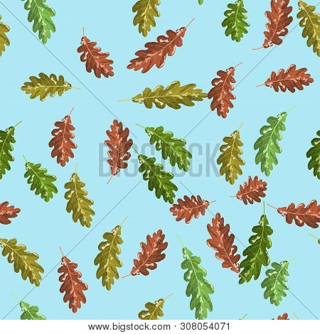 Oak Green And Brown Nice Leaf Seamless Pattern Autumn With Blue Sky Background For Decoration And In