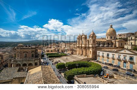 Panoramic View Of Noto Old Town And Noto Cathedral, Sicily, Italy.