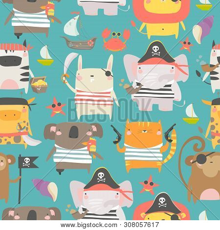 Seamless Pattern With Cute Animals With Pirate And Sailor Attributes Style