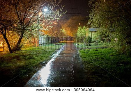 Summer Night Russian Suburbs Lane At Rainy Night With Defocused Shallow Depth Of Fiels Technique