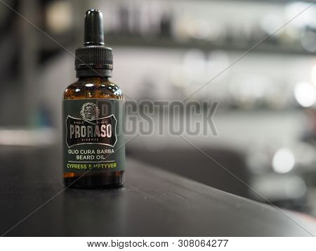 Russia, Saratov - 24 November 2018. Oil For The Care Of The Beard In Barbershop