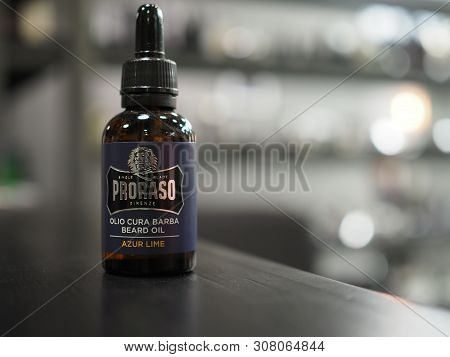 Russia, Saratov - 24 November 2018. Oil For The Care Of The Beard In Barbershop
