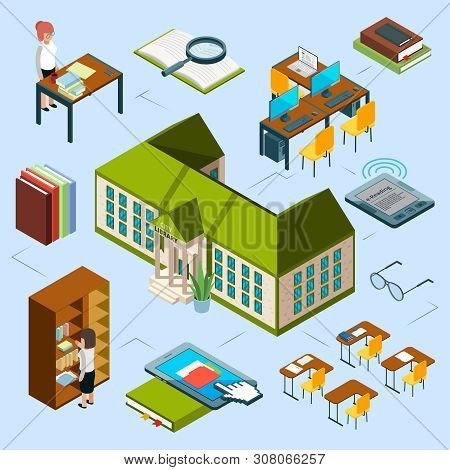 Isometric Library Vector Concept. 3d Public Library Building, Computer Area, E-reading Books, Librar