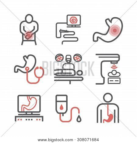 Stomach Cancer Line Icons. Symptoms And Diagnosis. Medical Infographics.