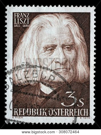 ZAGREB, CROATIA - JULY 03, 2014: A stamp issued in the Austria shows Franz Liszt (1811-86) musician and composer, by V. Bauer, circa 1961.
