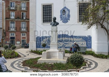 Lisbon, Portugal. April 2018. The Bust Of Julio De Castilho In Miradouro De Santa Luzia