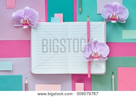 Floral Paper Background In Pink And Mint Colors. Orchid Flowers On Geometric Background With Copy-sp