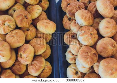 Preparation Of Belyashes. Traditional Russian Meat Pies Belyashi. Belyashes On A Table. Russian, Bas