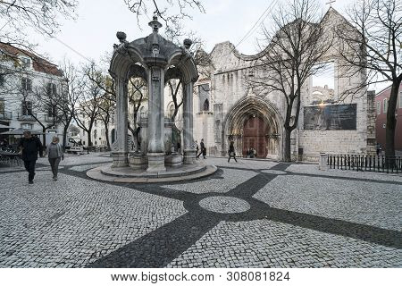 Lisbon, Portugal. April 2018.  A View Of Largo Do Carmo Building
