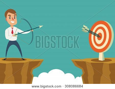 Successful Businessman Aiming Target With Bow And Arrow. Stock Flat Vector Illustration.