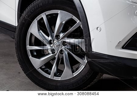 Novosibirsk, Russia - June 18, 2019: Nissan X-trail,close-up Of The Alloy Wheel. Photography Of A Mo