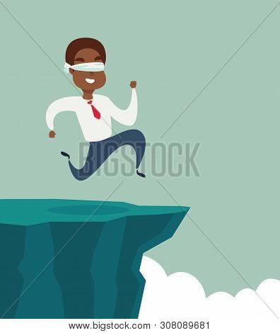 Blindfolded Black African American Businessman Run To The Cliff. Business Concept. Stock Flat Vector