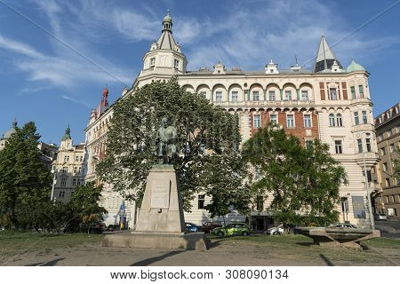 Prague, Czech Republic. May 2018. The Statue Of Jirasek Alois In A Square