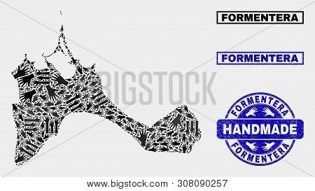 Vector Handmade Composition Of Formentera Island Map And Grunge Stamp Seals. Mosaic Formentera Islan