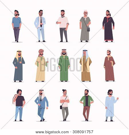 Set Different Arabic Businessmen Standing Pose Arab Men Wearing Traditional Clothes Arabian Male Car