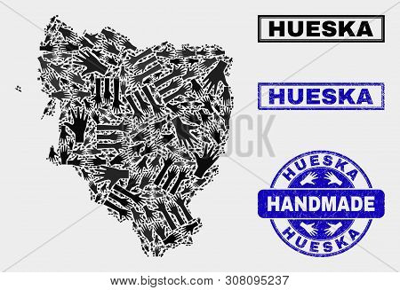 Vector Handmade Combination Of Hueska Province Map And Scratched Stamp Seals. Mosaic Hueska Province
