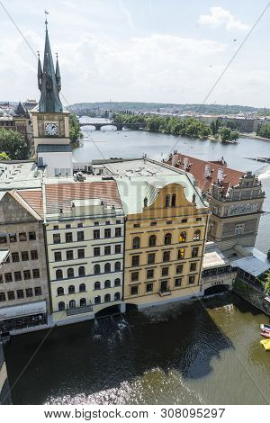 Prague, Czech Republic.  May 2018.  A Panoramic View Of Moldava River