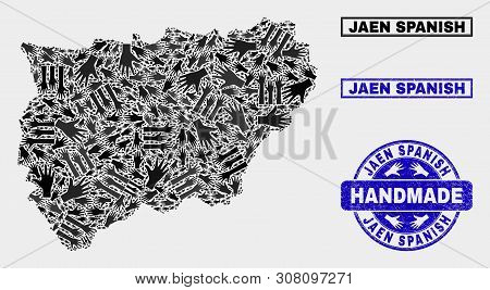 Vector Handmade Composition Of Jaen Spanish Province Map And Textured Stamp Seals. Mosaic Jaen Spani