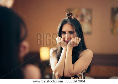 Sad Depressed Woman Crying In The Mirror