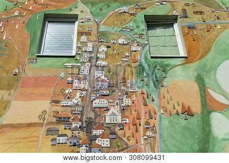 Hermagor, Carinthia, Austria. August 15, 2018.  The Representation Of The City Map On The Wall Of A 