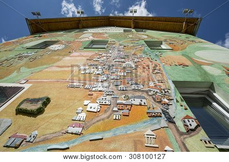 Hermagor, Carinthia, Austria. August 15, 2018.  The Representation Of The City Map On The Wall Of A 