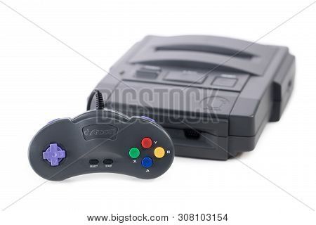 Taipei, Taiwan - May 3, 2019: The Funtech Super Acan Console System And Controller Isolated On White