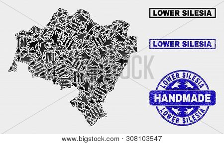 Vector Handmade Collage Of Lower Silesia Province Map And Rubber Watermarks. Mosaic Lower Silesia Pr