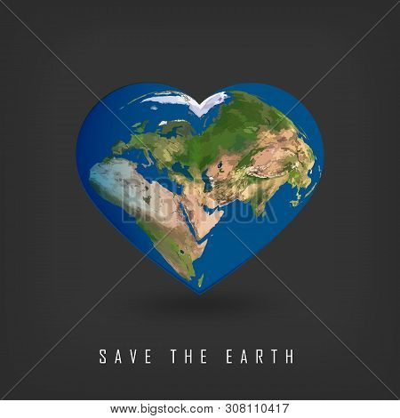 Greeting Card With Earth Day. Earth In Heart Shape. Illustration Of Our Planet. Earth Day Is Celebra