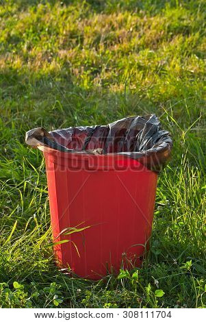 Red Litter On Green Grass. Garbage In The Nature After The Concert.