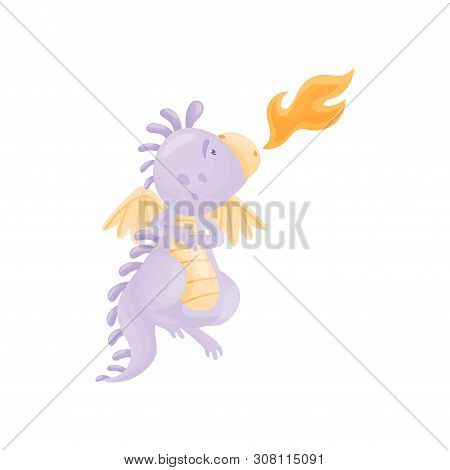 Lilac Dragon Spews Flames. Vector Illustration On White Background.