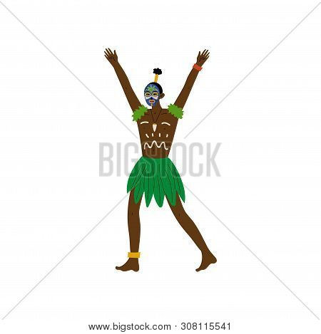 African Man, Male Aboriginal Dressed In Bright Traditional Tribal Clothing, With Painted Face And Et