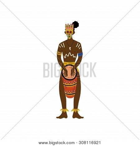 African Man Plating Drum, Male Aboriginal Dressed In Bright Traditional Ethnic Clothing With Painted