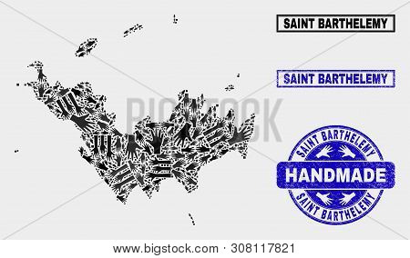 Vector Handmade Combination Of Saint Barthelemy Map And Rubber Seals. Mosaic Saint Barthelemy Map Is
