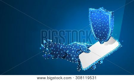 Phone In A Hand, Security Shield On White Mobile Screen. Gadget Protection Concept. Abstract, Digita