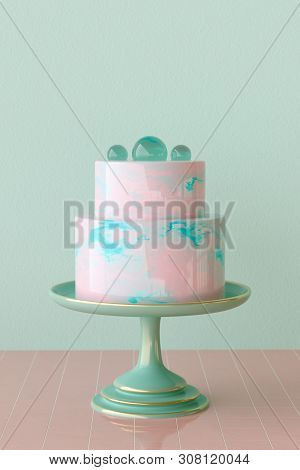 3d Rendering Of A Pink And Turquoise Marbled Mirror Glaze Cake Topped With Transparent Sugar Spheres