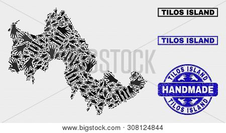 Vector Handmade Composition Of Tilos Island Map And Dirty Stamps. Mosaic Tilos Island Map Is Constru