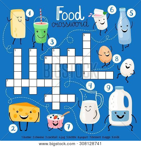 Food Crossword With Milk, Eggs And Diary Products Characters, Vector Illustration