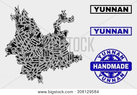 Vector Handmade Composition Of Yunnan Province Map And Rubber Stamp Seals. Mosaic Yunnan Province Ma